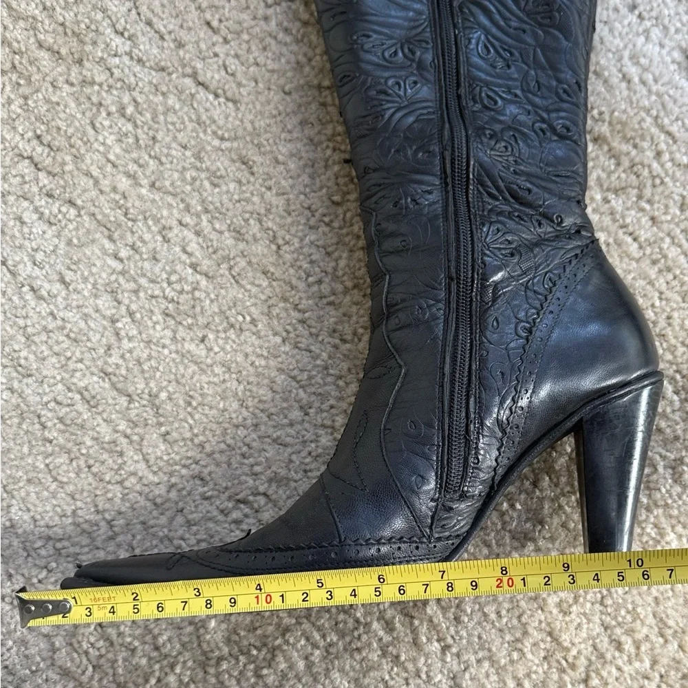 Genuine Leather Embroidered Black Tall Boots – Statement Heels - Picture 15 of 17